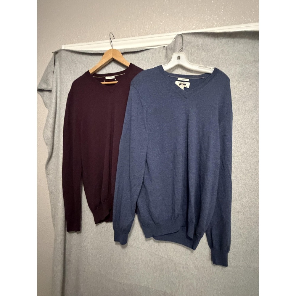 Joseph Abboud Sweater Mens XL Blue Burgundy Merino Wool V Neck Pullover Lot